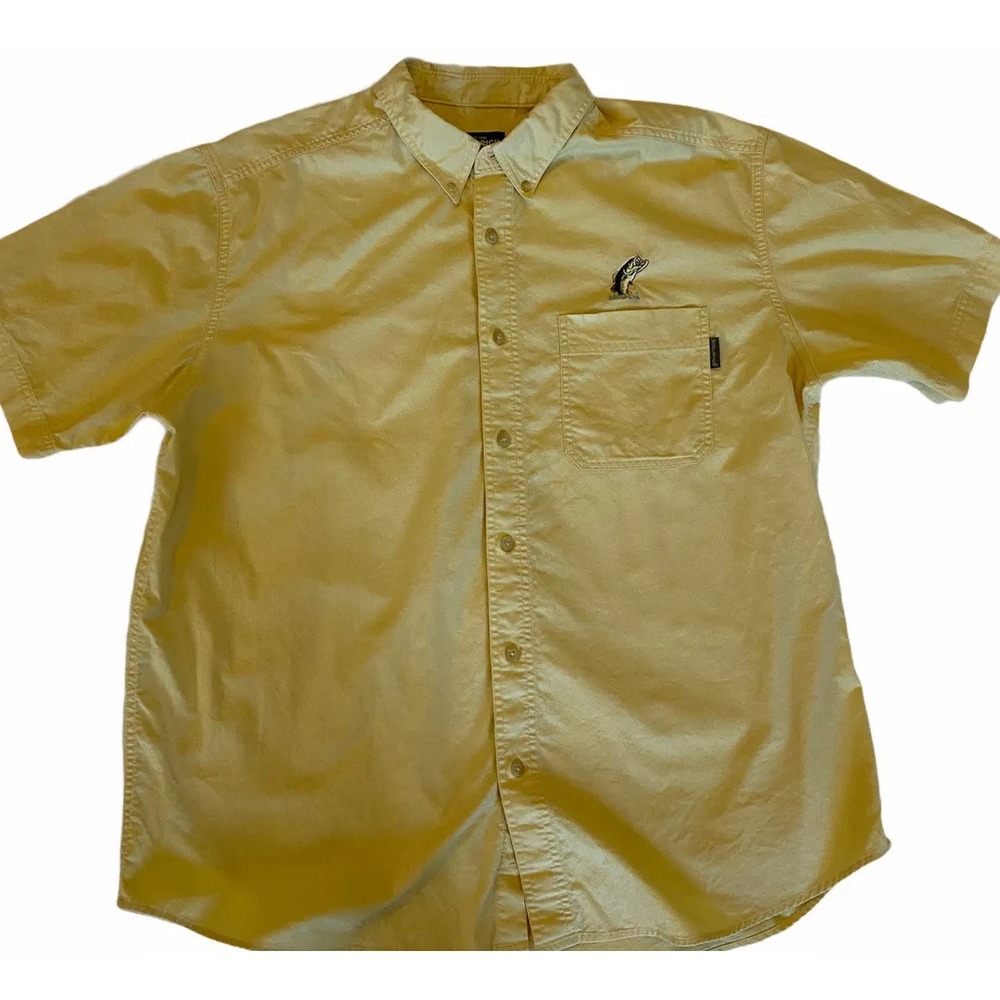 WOOLRICH Short Sleeve Shirt Embroidered Fish Solid Yellow Size XL button front